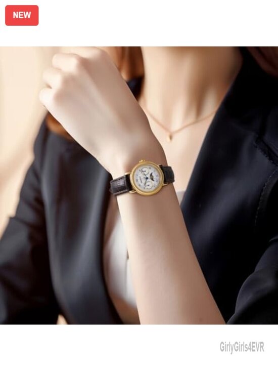 Gold Moon Phase Wristwatch with Leather Band, Day Date Calendar, Stainless main image 5